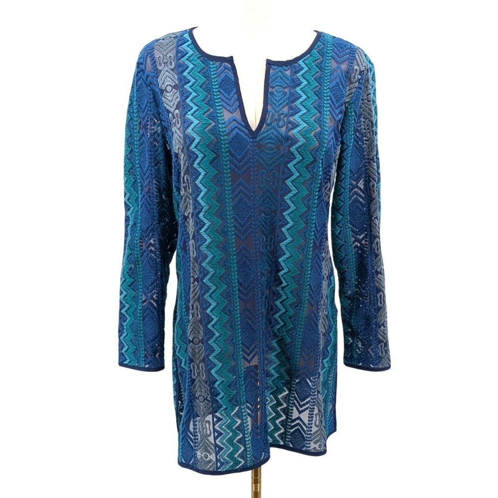 Sigrid Olsen Signature Embroidered Mesh Tunic Blue Teal Sheer Boho Top S